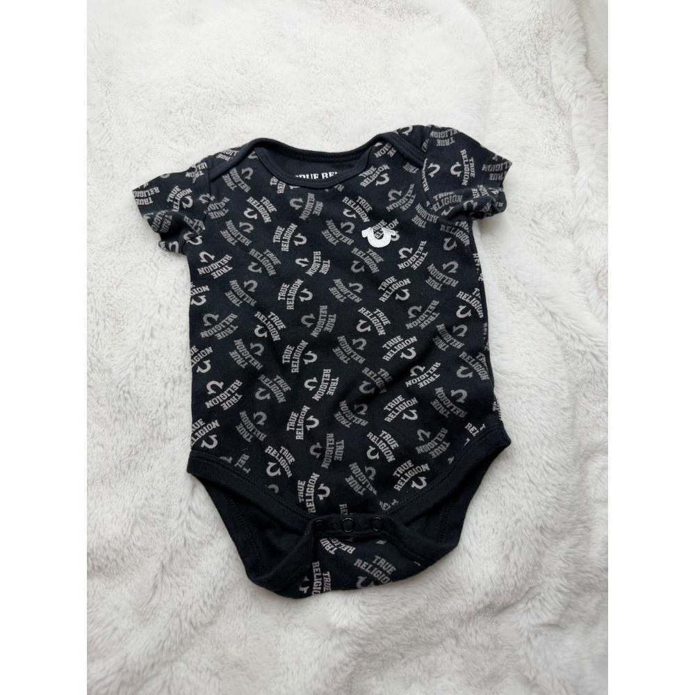 True Religion Baby Bodysuit Black Logo Print Short Sleeve Onesie 6/9 Months